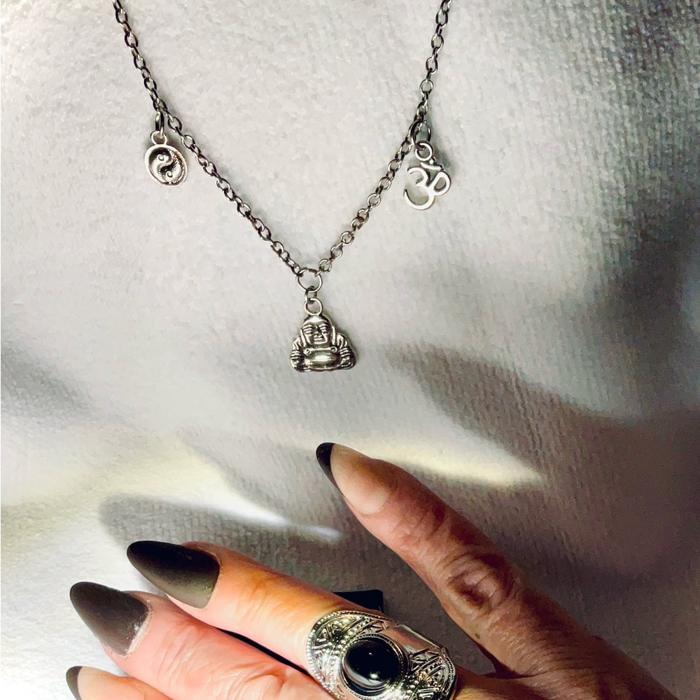 Set of 2 Silver Black Onyx Oval Statement Ring with Buddha Necklace